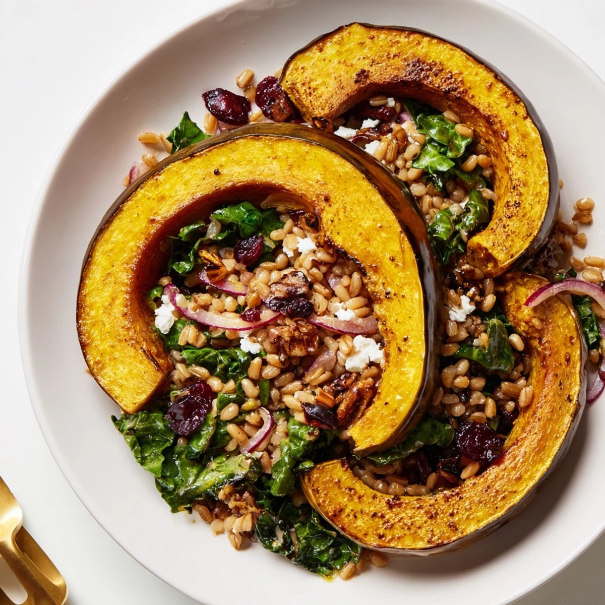 The flavorful Farro & Mustard Green Salad bursts with textures from pecans, squash and a tasty dressing.