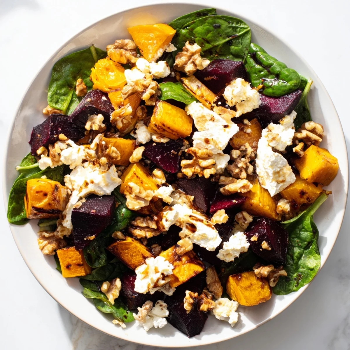 Roasted Beet, Butternut & Spinach Salad, featuring vibrant beets, squash and tangy dressing.