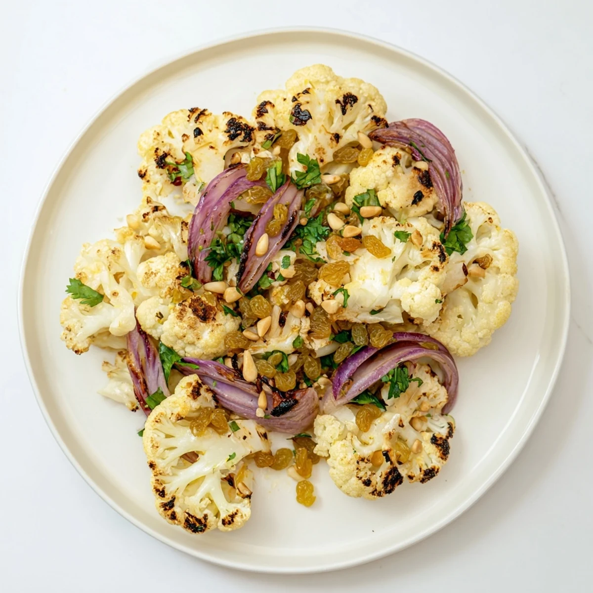 Golden roasted cauliflower salad with lemon pine-nut dressing, ready to serve warm.