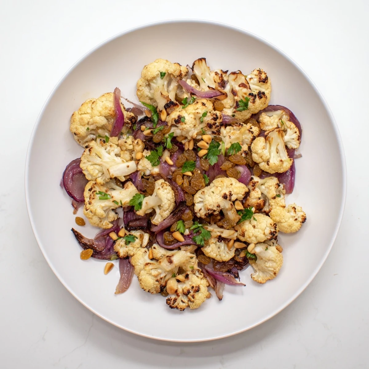 Freshly tossed Warm Roasted Cauliflower Salad with toasted pine nuts, perfect as a side dish.