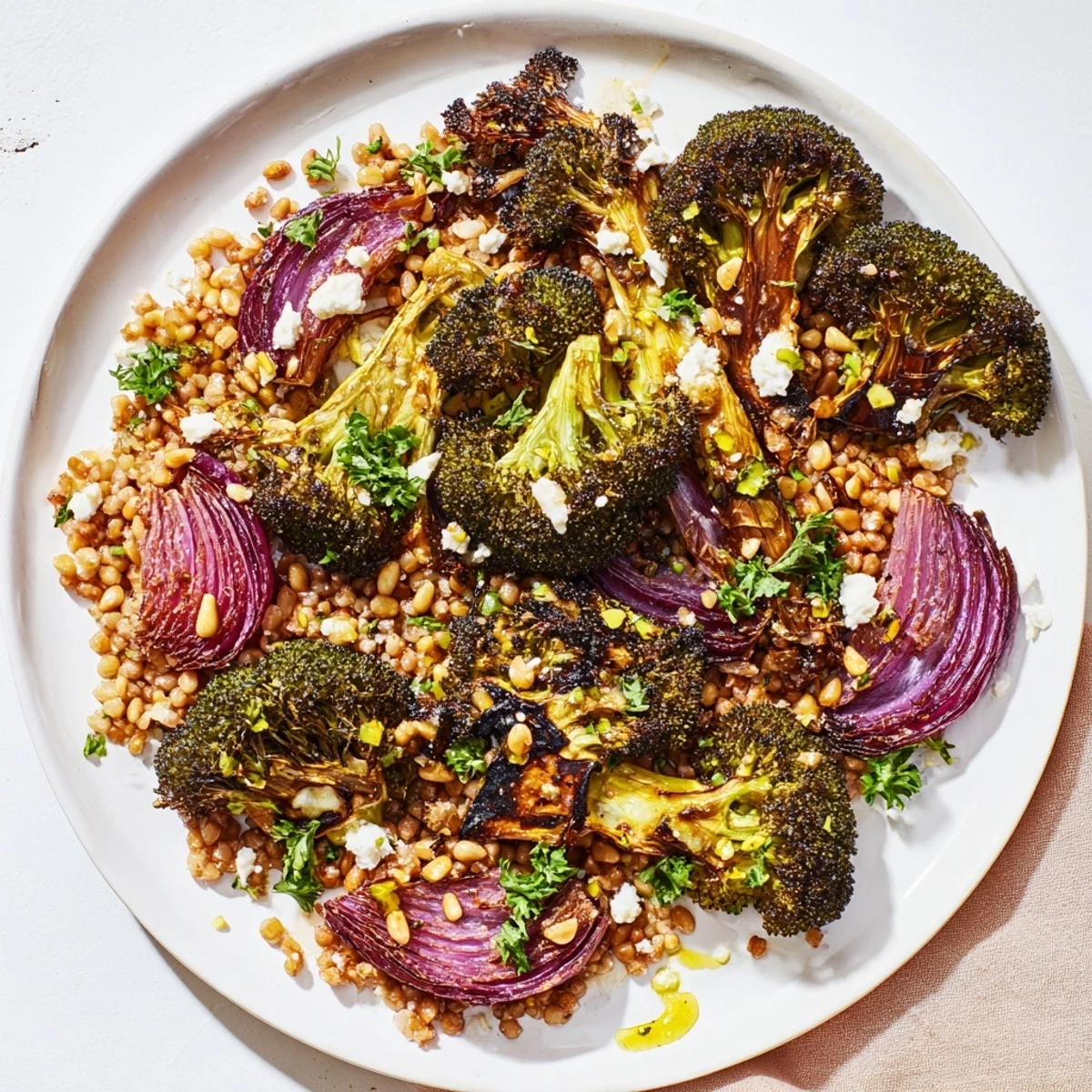 Golden roasted broccoli with garlic-lemon dressing served over a bed of fluffy farro.