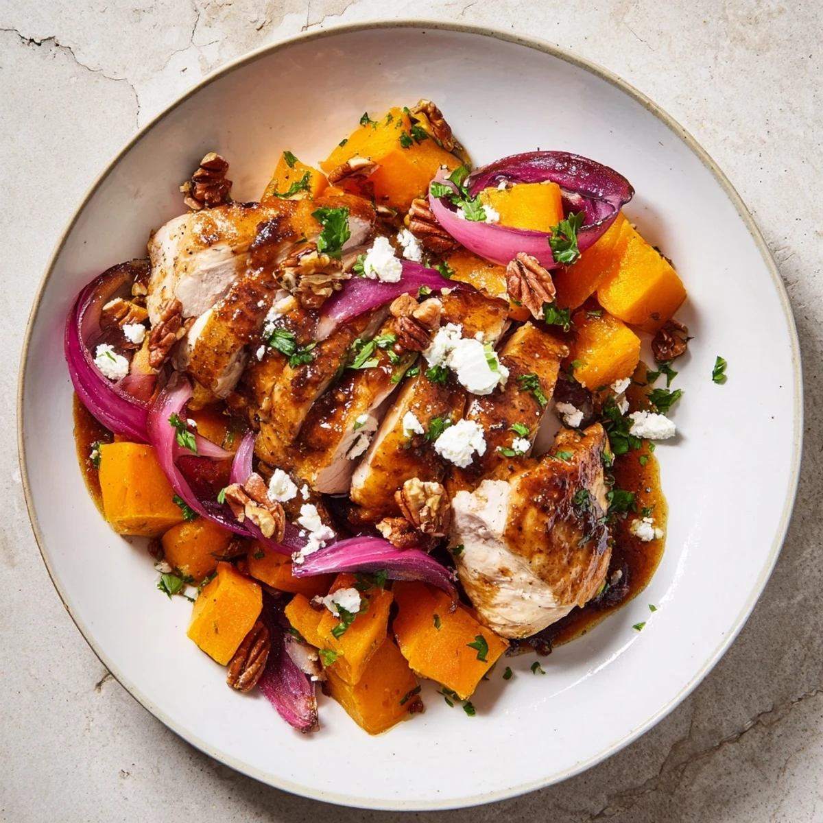 Golden-brown Roasted Chicken & Winter Squash Sheet-Pan Salad with tender vegetables and juicy chicken.