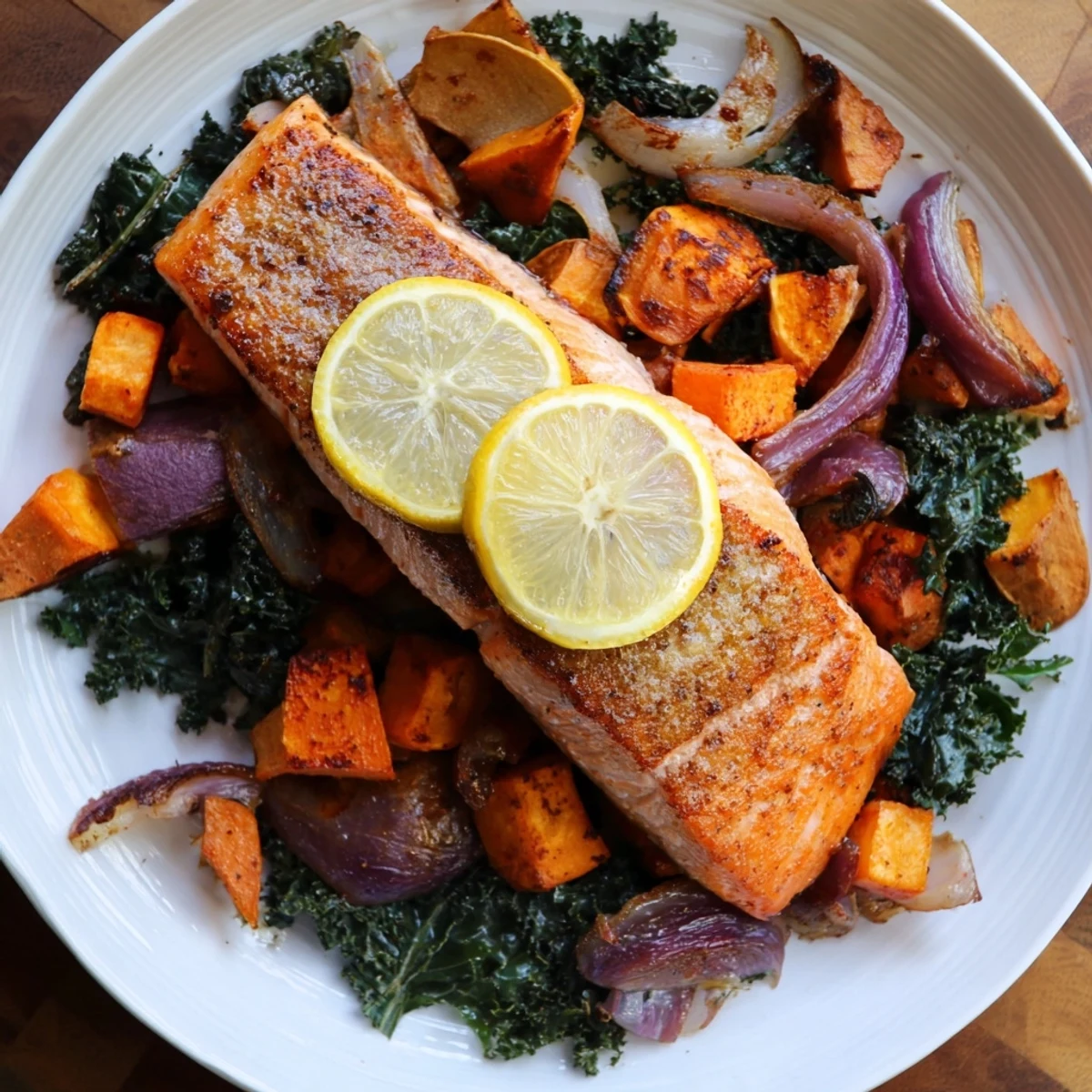 Flaky sheet-pan salmon with vibrant roasted vegetables, ready to serve for a wholesome meal.