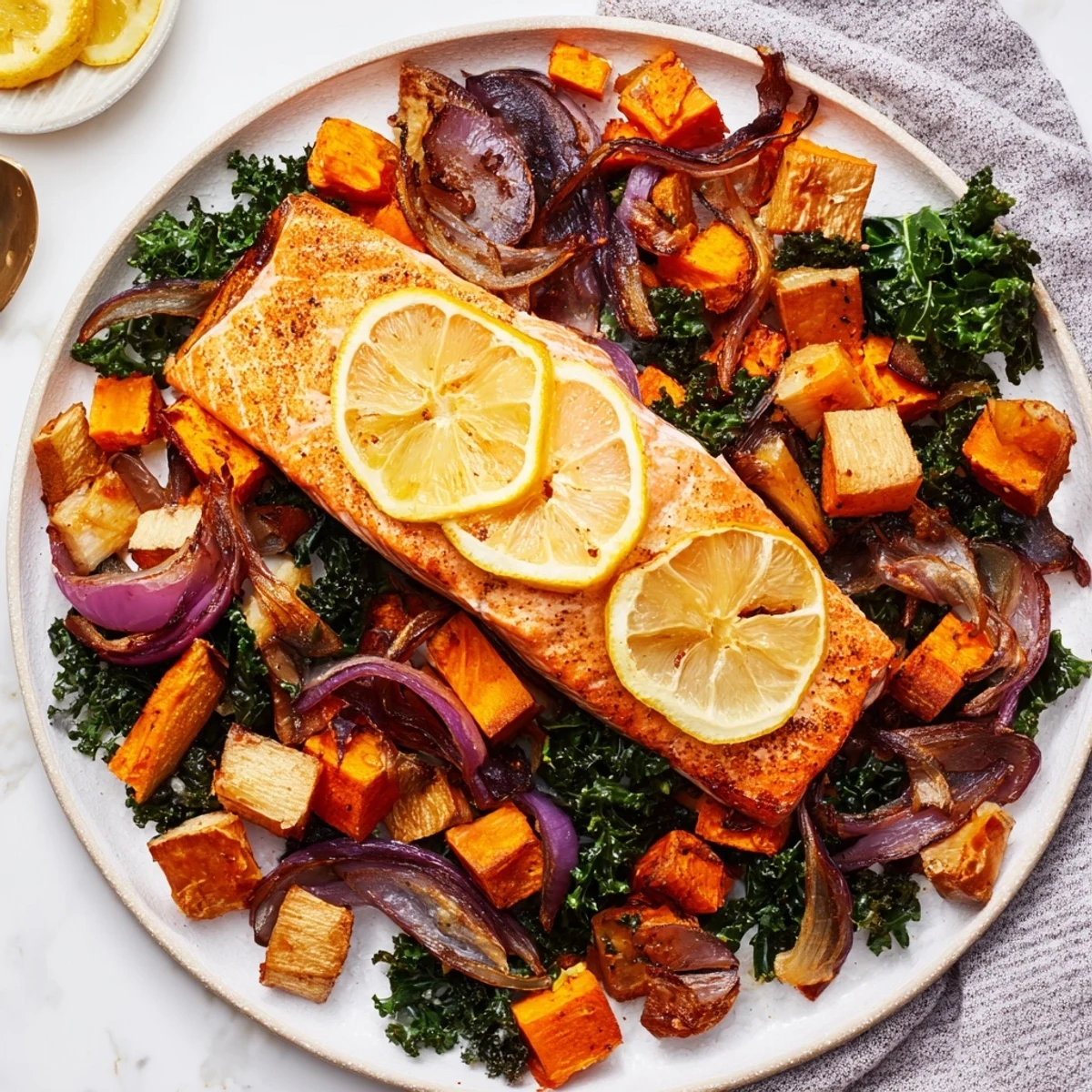 Golden-brown sheet-pan salmon with winter vegetables, a delicious and easy healthy dinner.