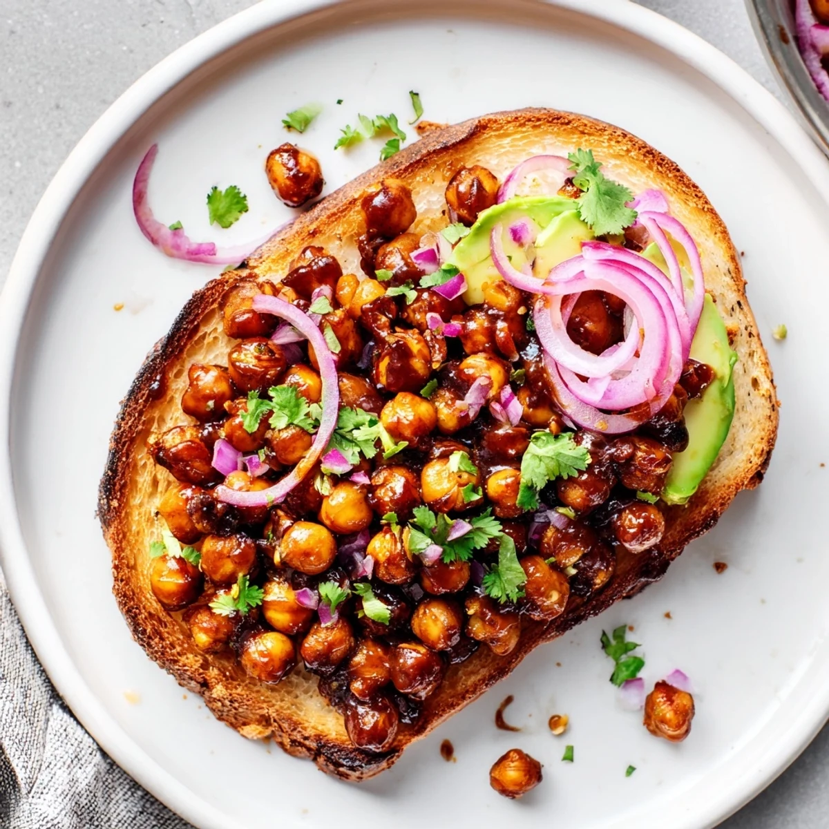 BBQ chickpeas on toast, with a rich, smoky aroma, piled high atop golden, crispy toast slices.
