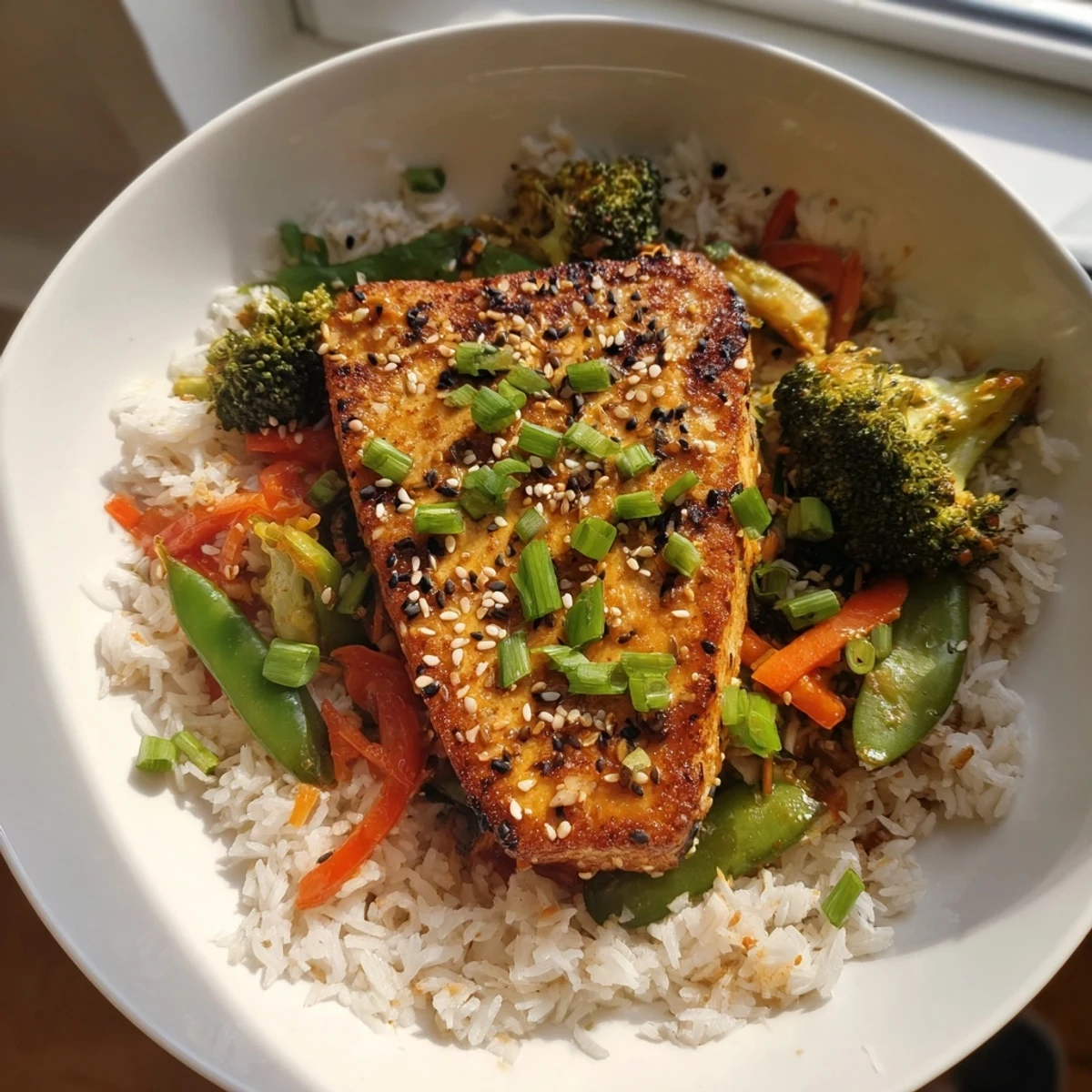 Golden-brown pressed tofu steaks glistening, served atop vibrant stir-fried vegetables and fluffy rice.