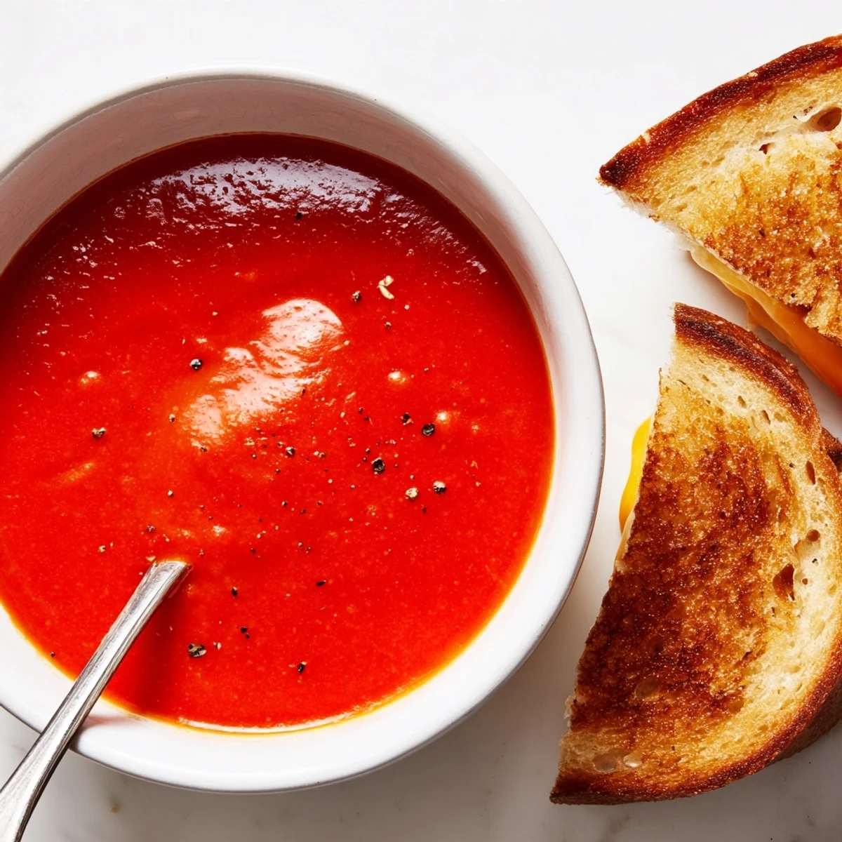 Steaming bowl of 5-Ingredient Tomato Soup beside golden, cheesy grilled cheese for dipping.