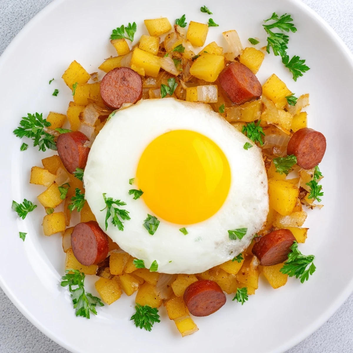 Golden-brown Egg & Potato Hash with hot dogs, a savory skillet meal ready to be enjoyed.