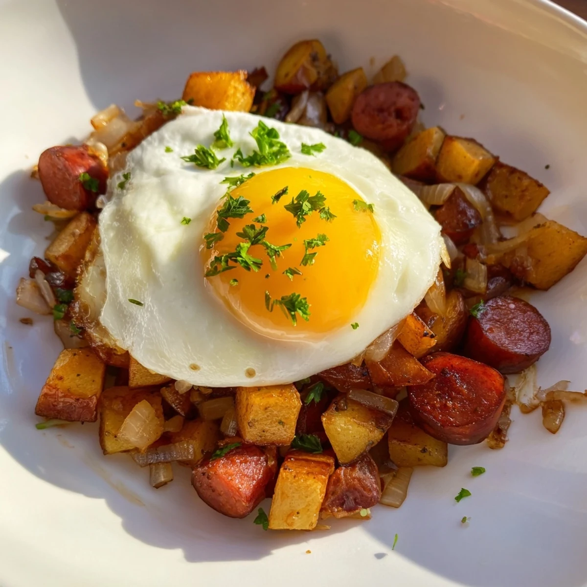 Sizzling skillet of American comfort food: flavorful Egg & Potato Hash with sizzling hot dogs and onions.