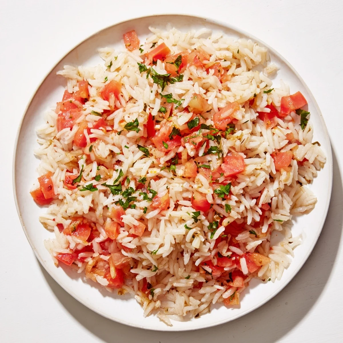 Steaming Tomato-Rice Skillet Dinner, a colorful, one-pan meal with fresh parsley garnish.