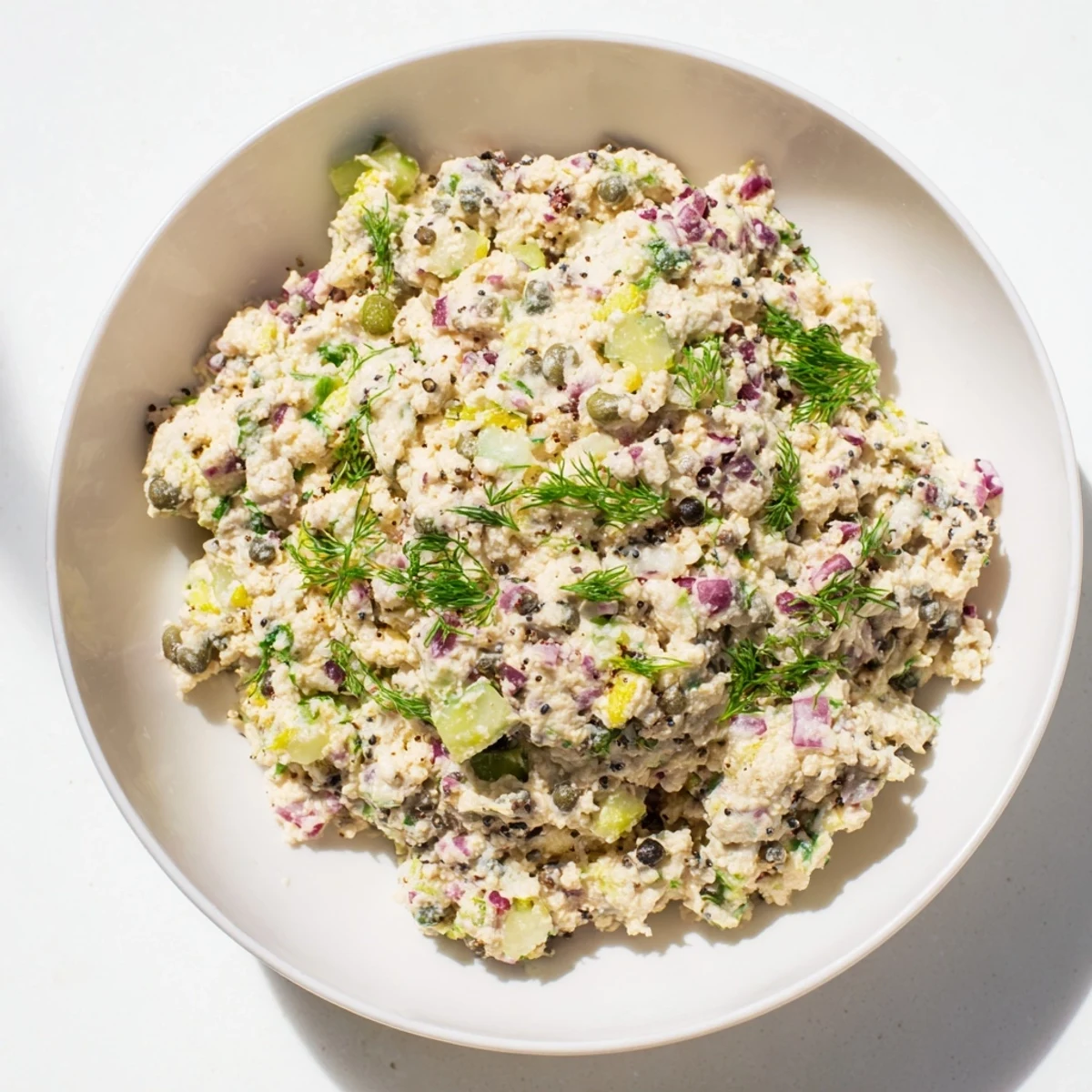 Enjoy a healthy serving of fresh chickpea tuna salad, perfect for wraps and delicious vegan meals.
