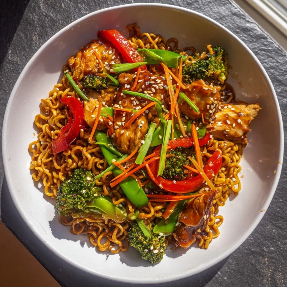 A close-up view of Sheet-Pan Crispy Ramen featuring tender chicken, savory noodles and colorful veggies.