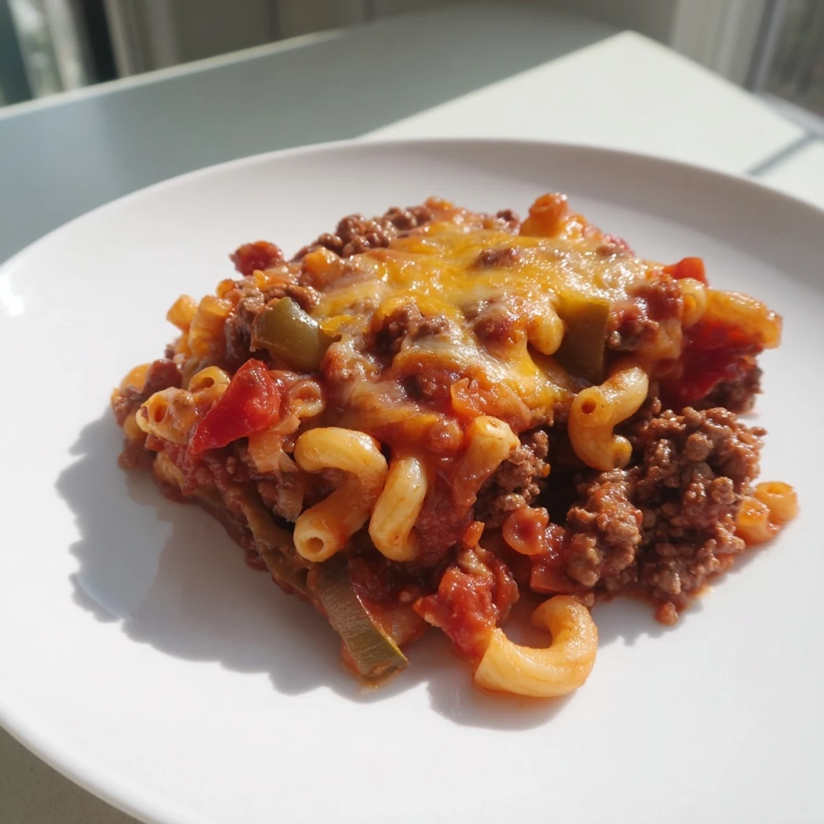 A bubbly, cheesy close-up shows a freshly baked, flavorful hamburger casserole ready to be served.