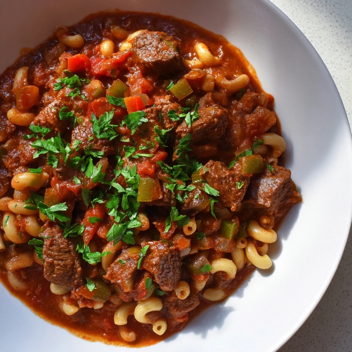 Savory goulash with tender beef or turkey, pasta, and rich tomato broth.
