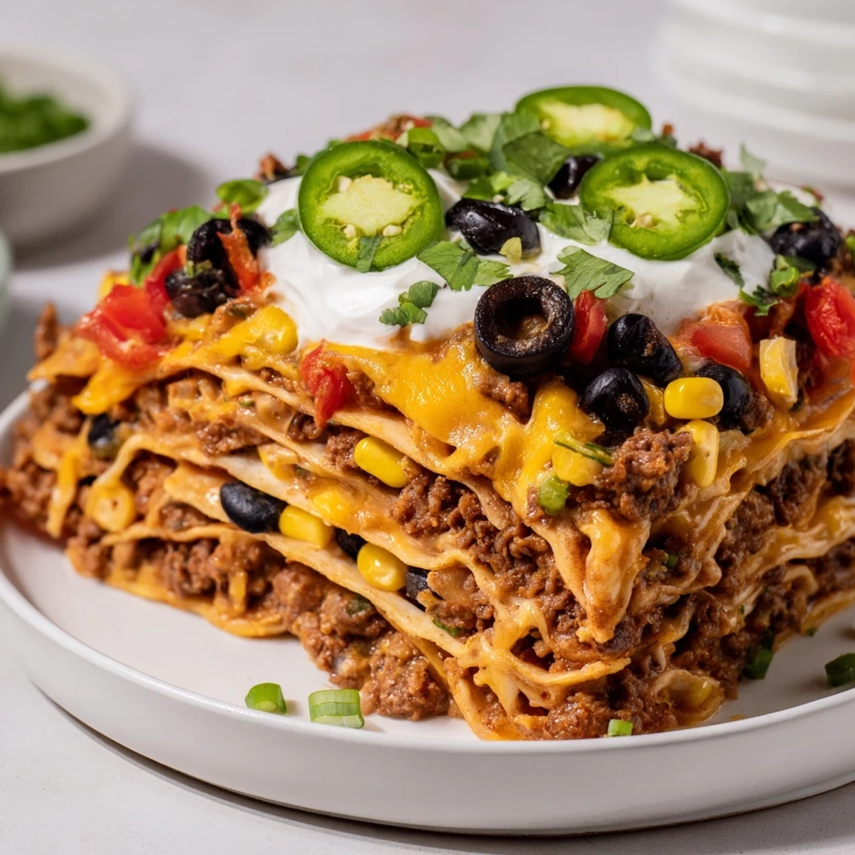 Taco lasagna bubbling hot with melted cheese, showcasing the hearty Tex-Mex flavors.
