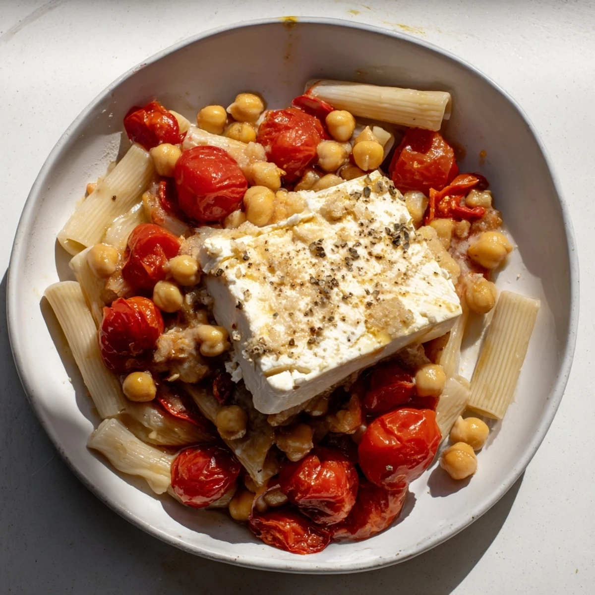 Golden baked feta, chickpeas, and tomatoes create a delicious dish served over pasta.