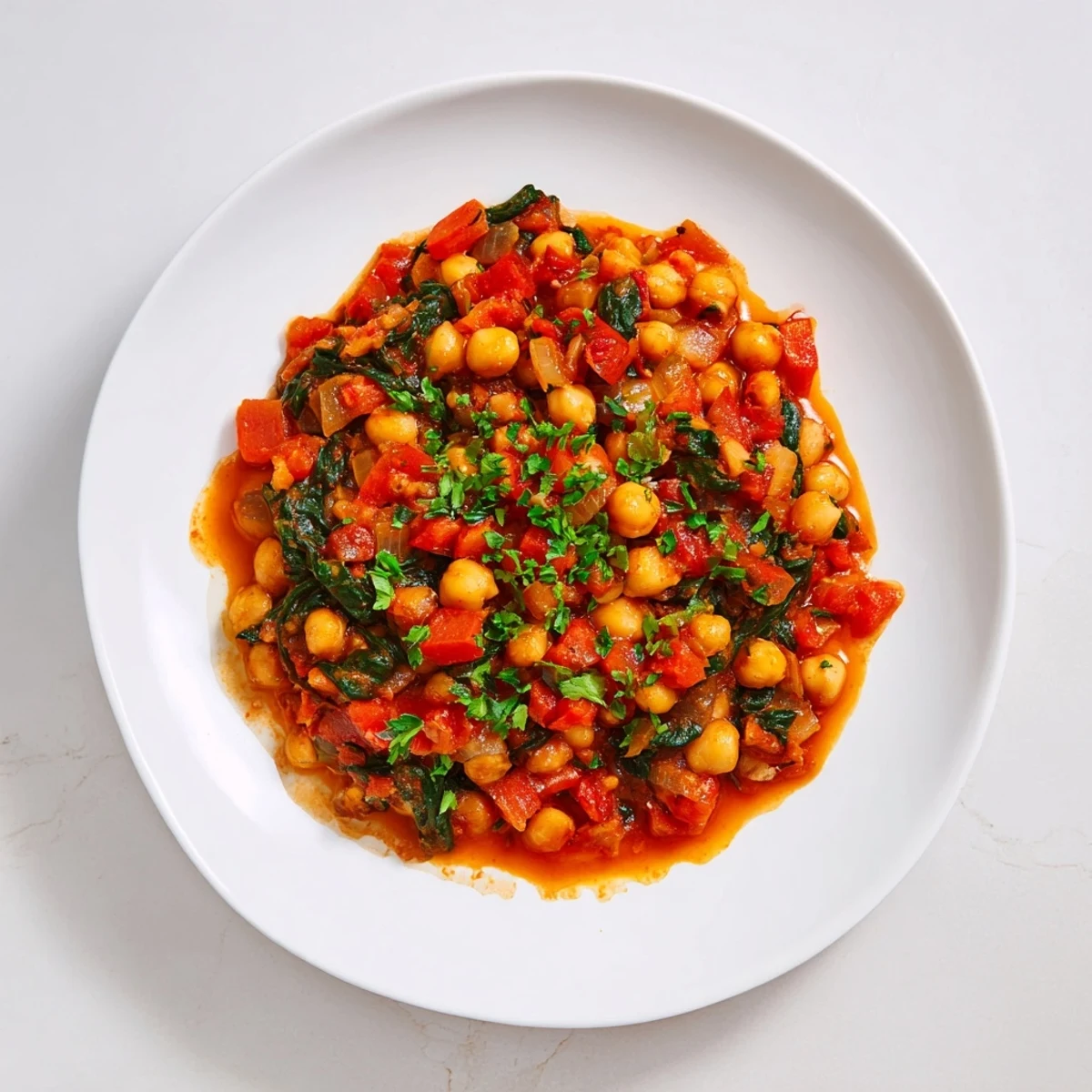 Delicious, one-pan Vegetarian Chickpea & Spinach Skillet overflowing with chickpeas, vegetables, and savory spices.