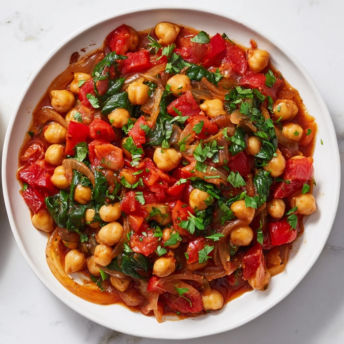 A flavorful close-up of the Mediterranean-inspired Vegetarian Chickpea & Spinach Skillet, ready to serve and enjoy.