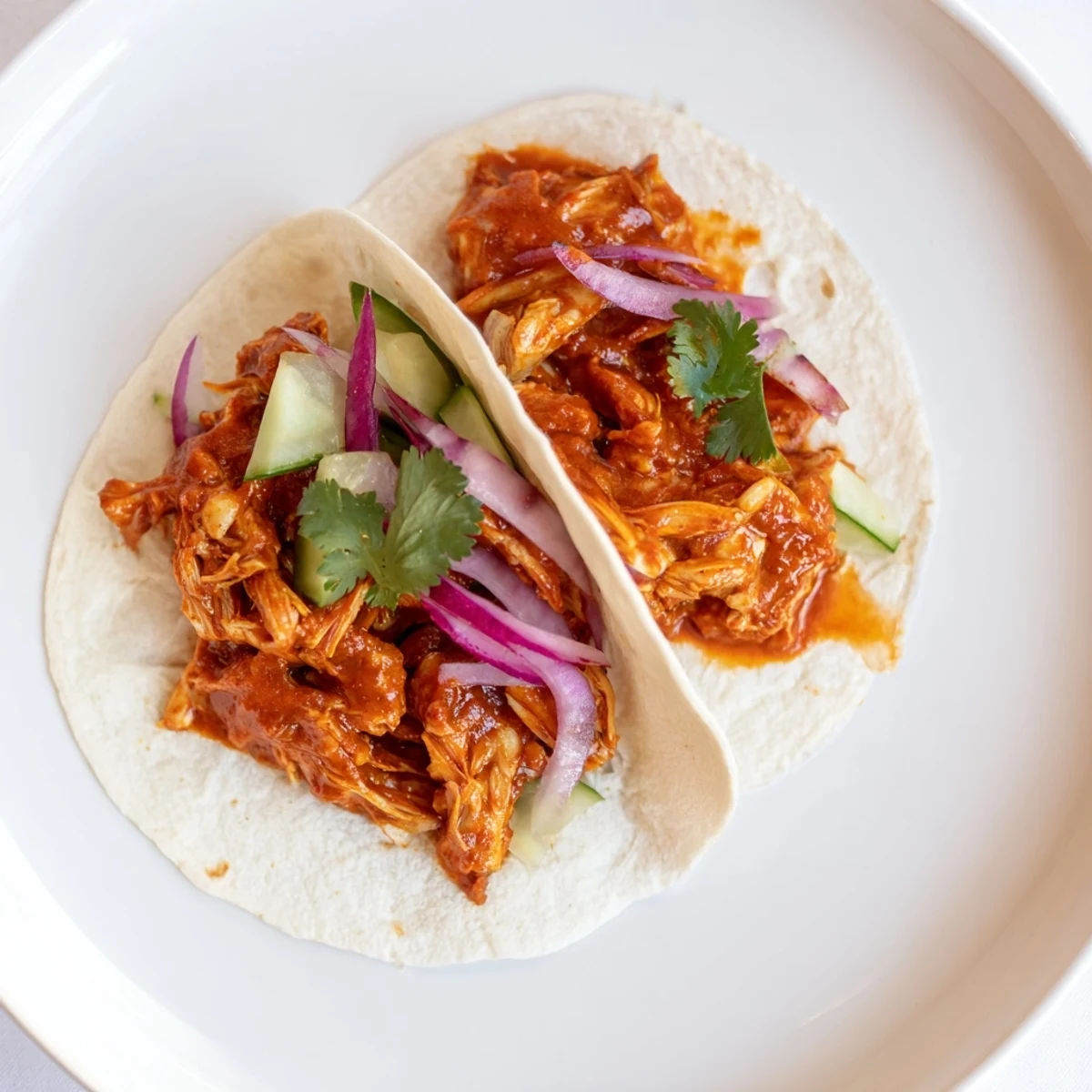 Close-up photo of sticky chicken tikka masala tacos, with cilantro and red onion toppings.