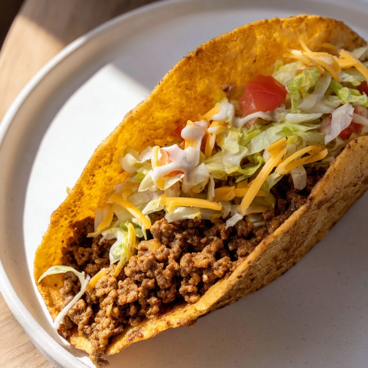 Cheesy Gordita Crunch taco, warm cheesy flatbreads encasing seasoned beef and crispy taco shell.