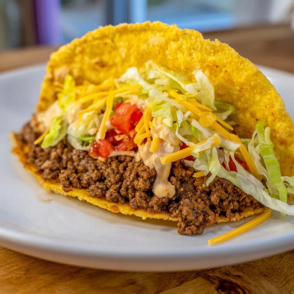 A close-up of a loaded Cheesy Gordita Crunch taco, overflowing with fresh toppings and flavorful beef.