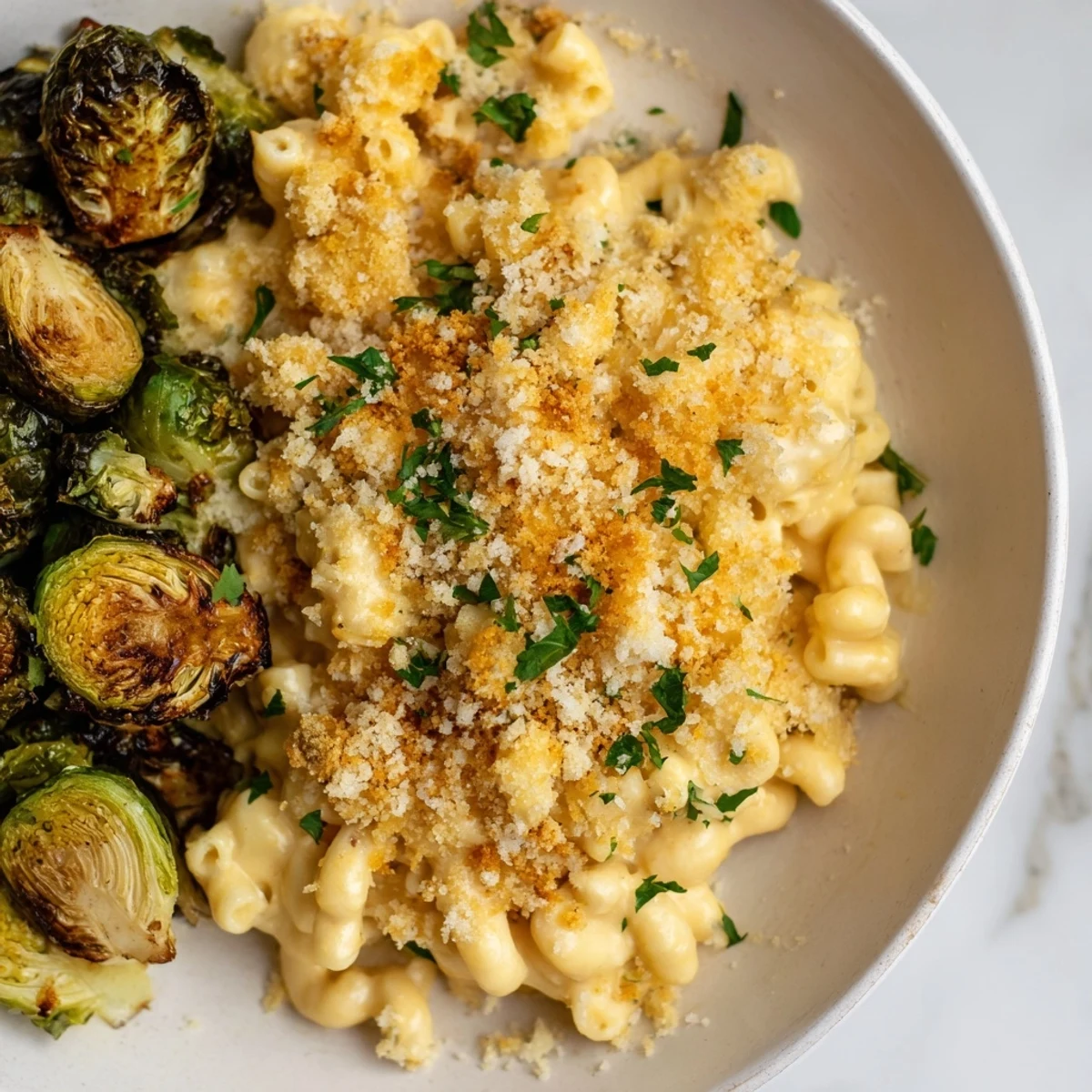Golden, bubbly sheet pan mac and cheese with roasted Brussels sprouts, ready to serve and enjoy.