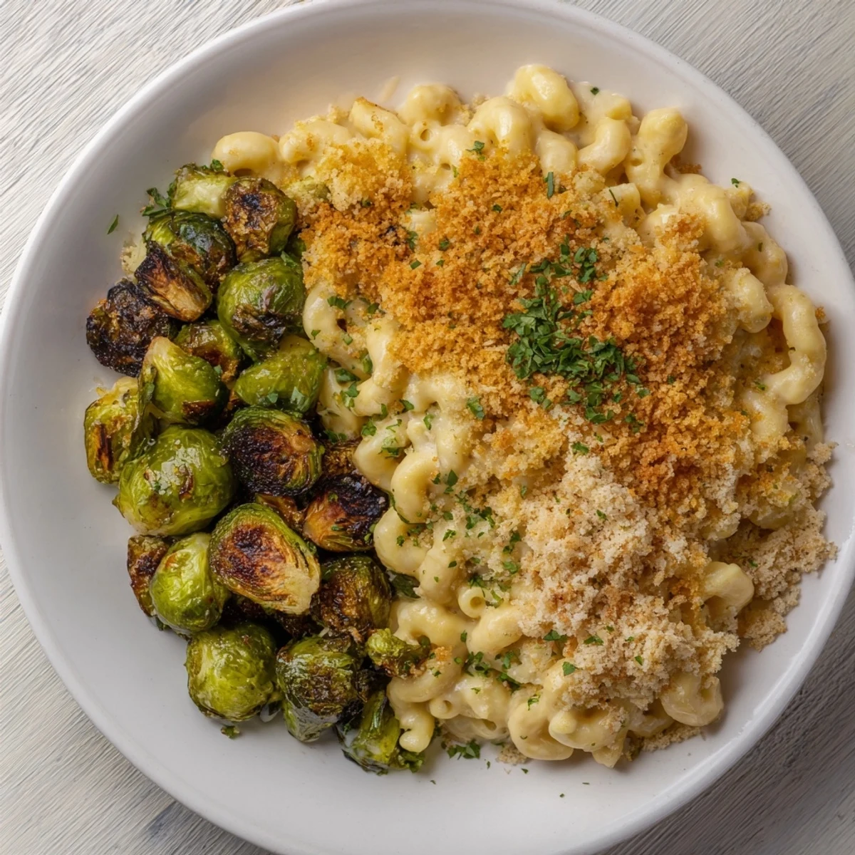 Warm, cheesy sheet pan mac and cheese, a comforting American dinner with crispy, roasted Brussels sprouts.