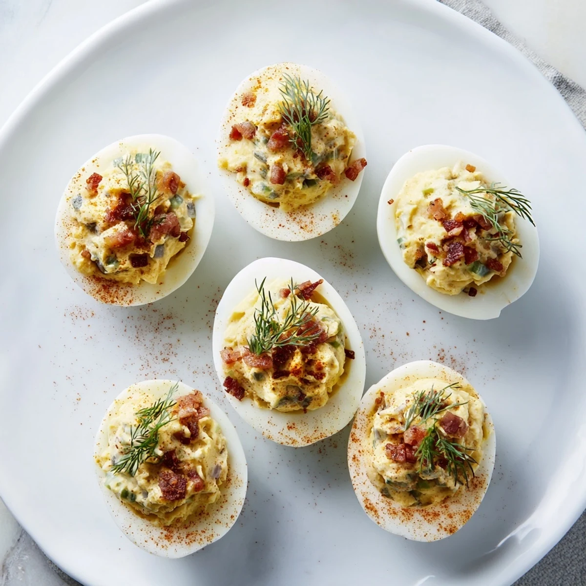 Bright photo of loaded deviled eggs with paprika, topped with fresh herbs, ready to serve.