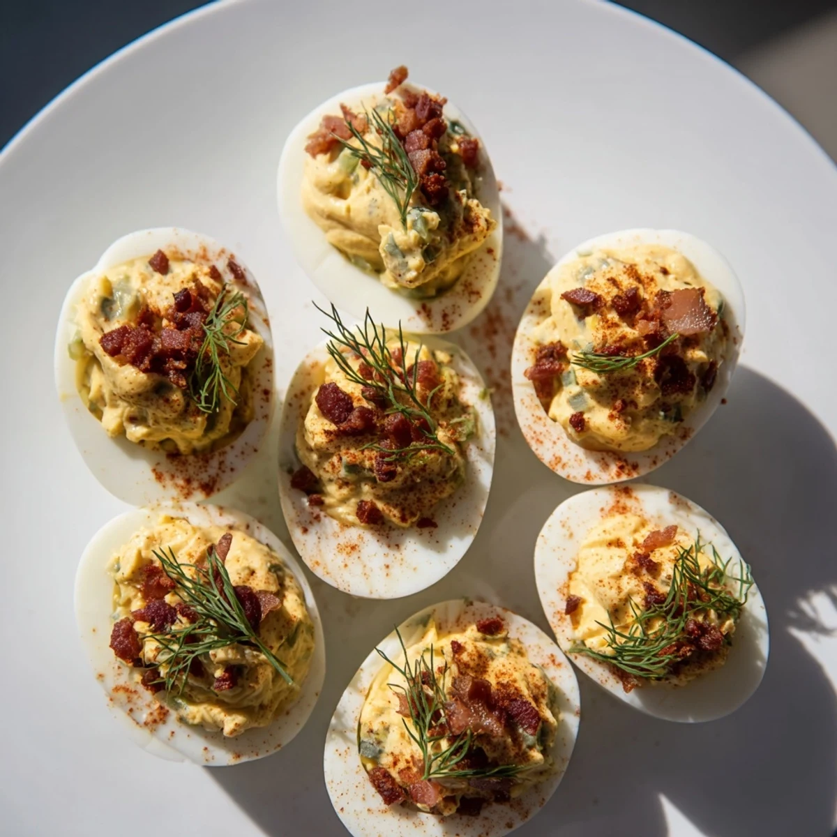 Perfect party platter: creamy loaded deviled eggs garnished with bacon, paprika, and fresh dill.