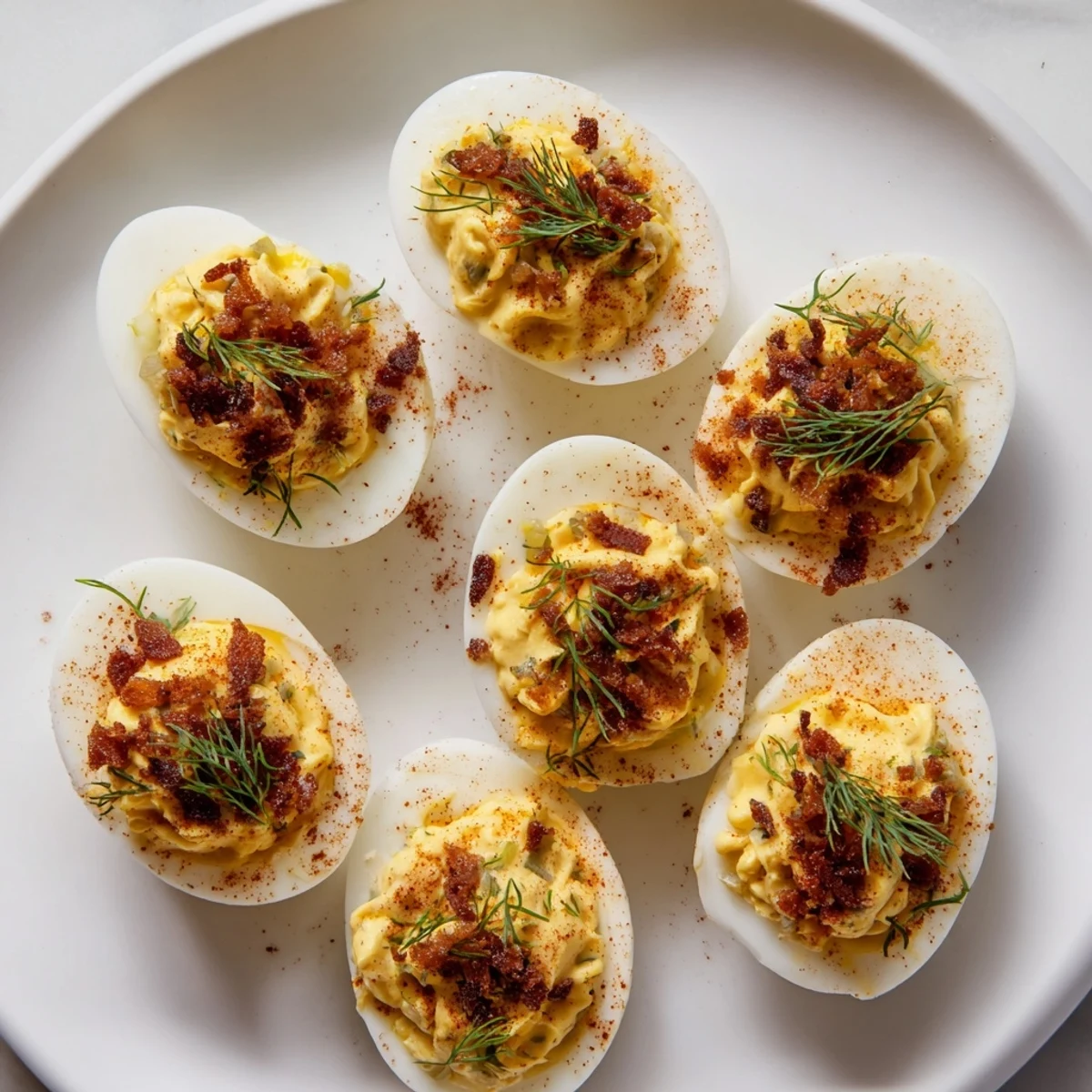 Close-up of savory loaded deviled eggs, showcasing textures: creamy filling, bacon bits, and paprika.