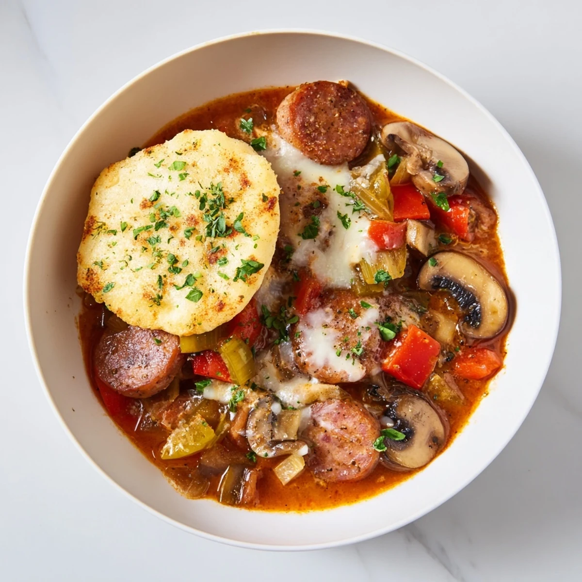 Pizza Pot Pie Soup bubbling, a rich stew with melted cheese and crispy bread topping.