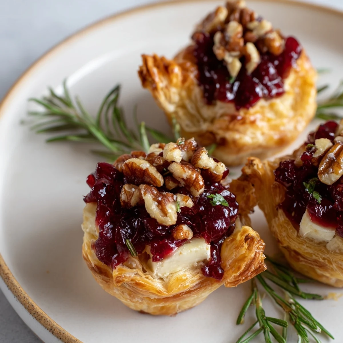 Close-up of baked Quick Cranberry Brie Bites, showcasing the creamy cheese and festive toppings, for a snack.