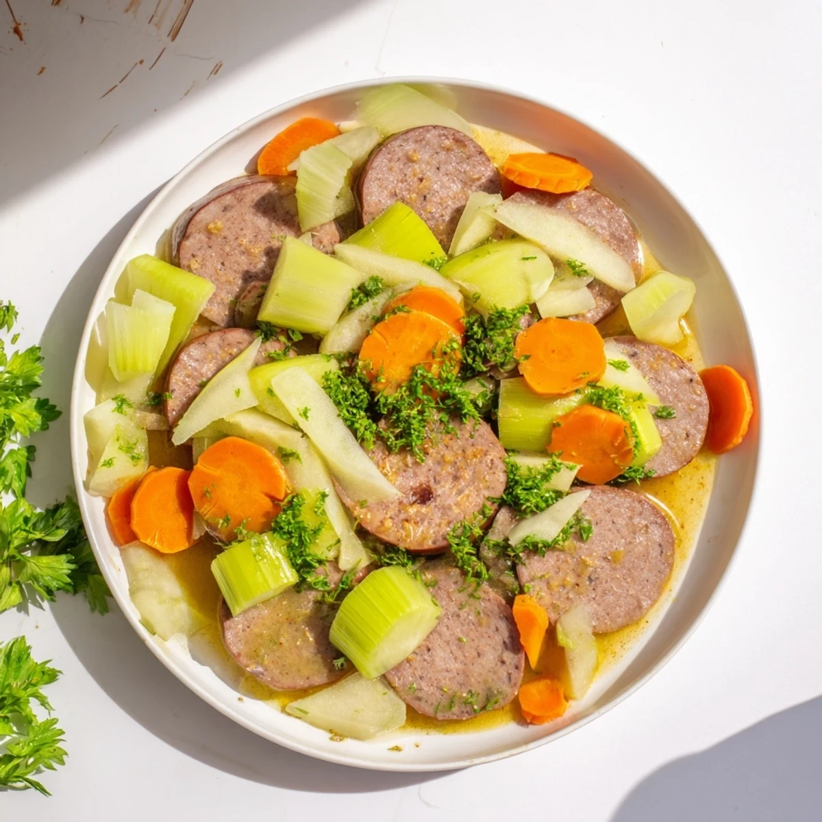 Golden-brown Stovetop Sausage, Celery, and Apple Hotpot ready to serve, a comforting American one-pot meal.