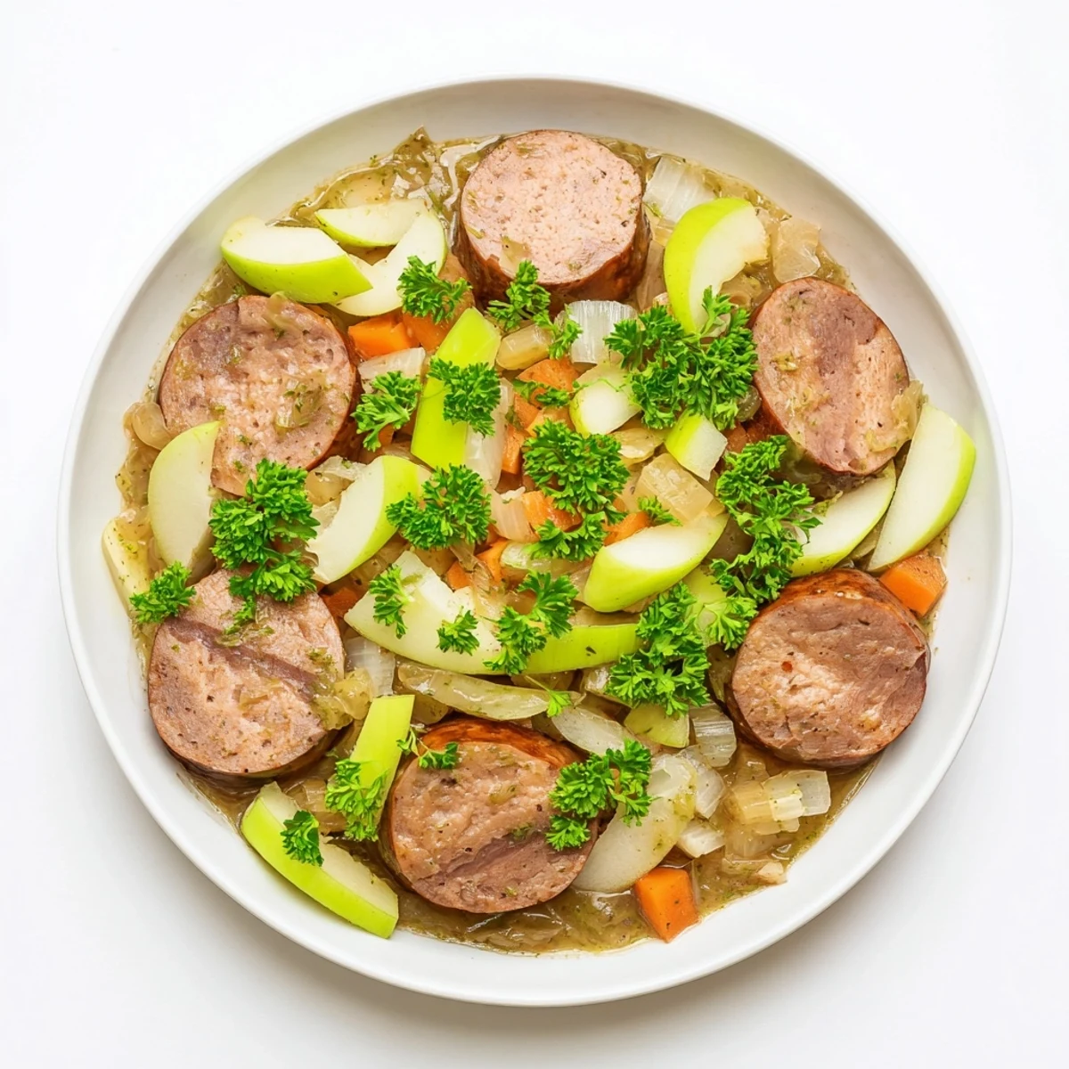 A bubbling Dutch oven filled with flavorful Stovetop Sausage, Celery, and Apple Hotpot, with tender veggies.