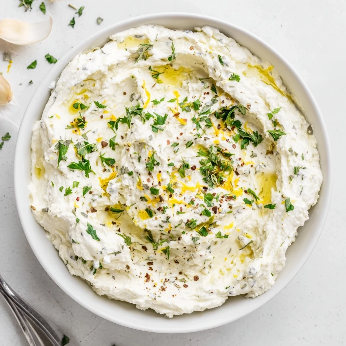 Creamy whipped feta dip with fragrant Greek seasoning, ideal for dipping warm pita.