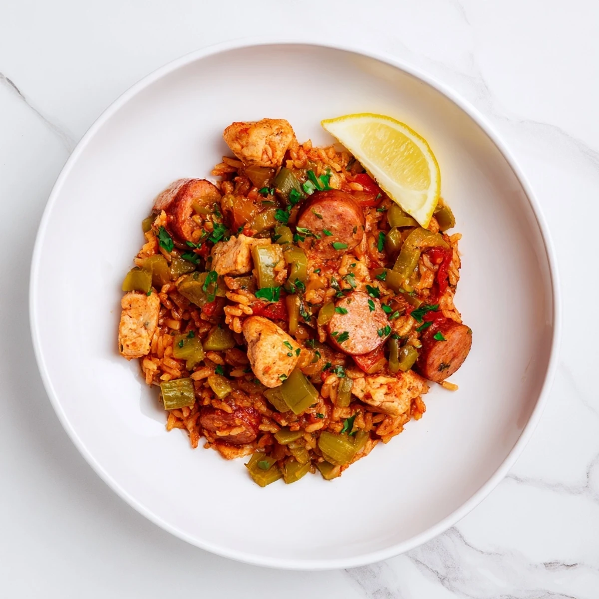 Golden-brown chicken and sausage mingling in a bubbly, flavorful Simple Chicken and Sausage Jambalaya Bake.