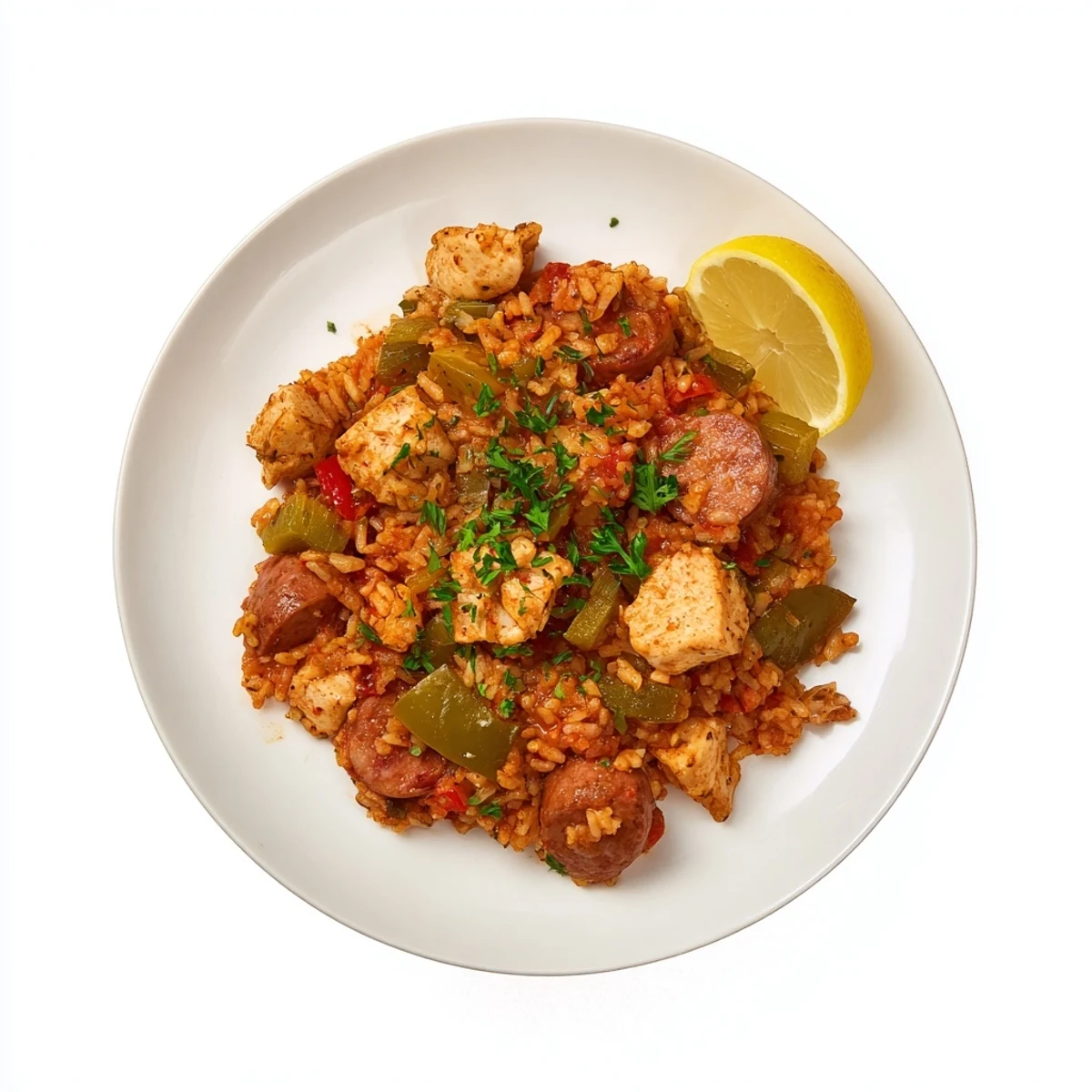 This oven-baked Simple Chicken and Sausage Jambalaya showcases tender chicken, spicy sausage, and vegetables in tomato rice.