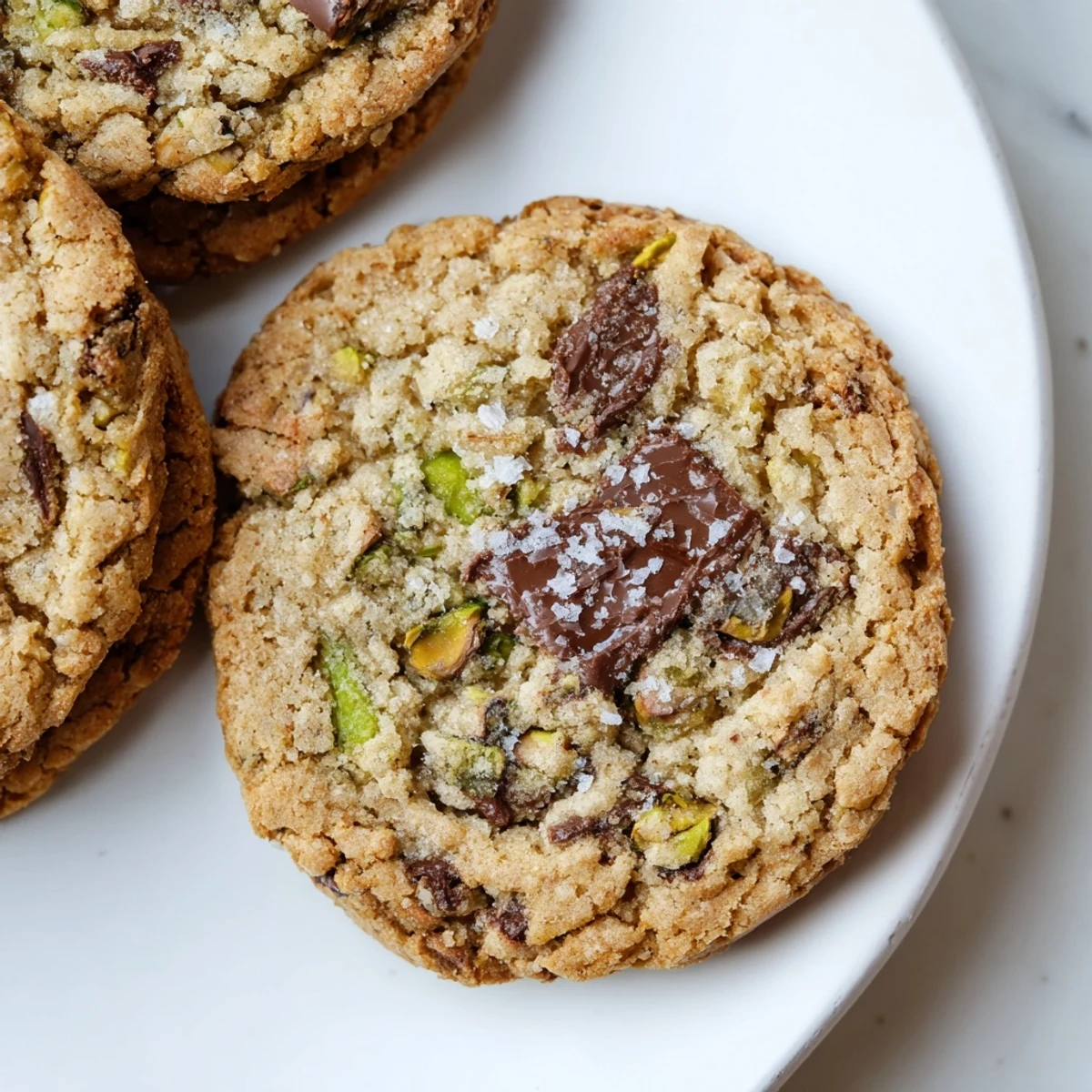 Freshly baked Salted Pistachio Chocolate Chunk Shortbread displaying a tempting array of textures and dark chocolate.