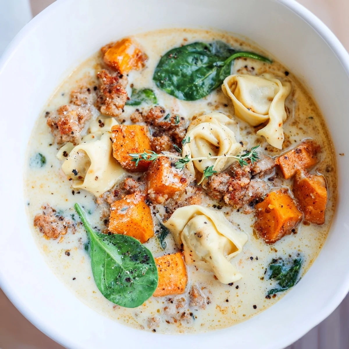 Golden, creamy broth around tender tortellini in this delicious sausage tortellini soup recipe.