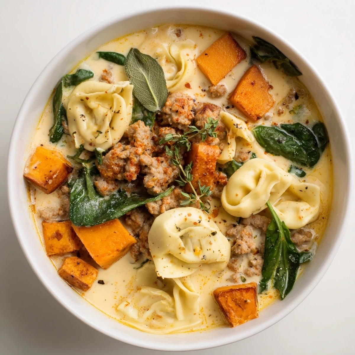 Flavorful Italian sausage swimming in the creamy broth of this comforting sausage tortellini soup, ready to eat.