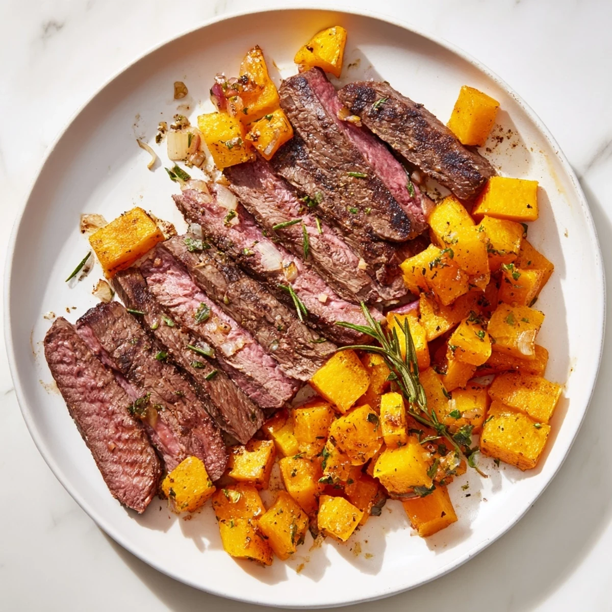 Golden, tender butternut squash and garlic-herb steak bowls, fragrant with rosemary and thyme.