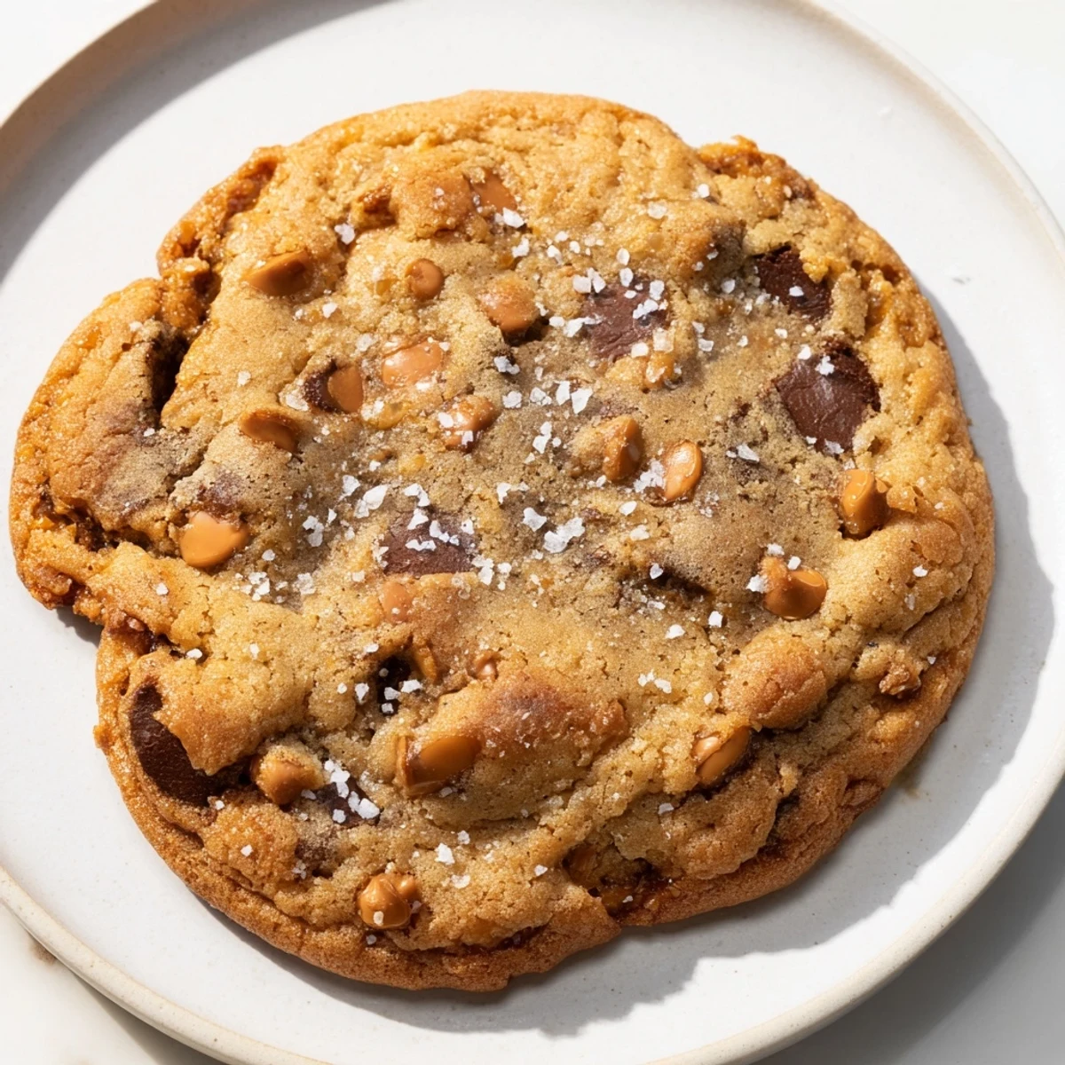 Golden, baked Best Ever Butterscotch Chocolate Chip Cookies with sea salt, smelling warmly of vanilla in this photo.
