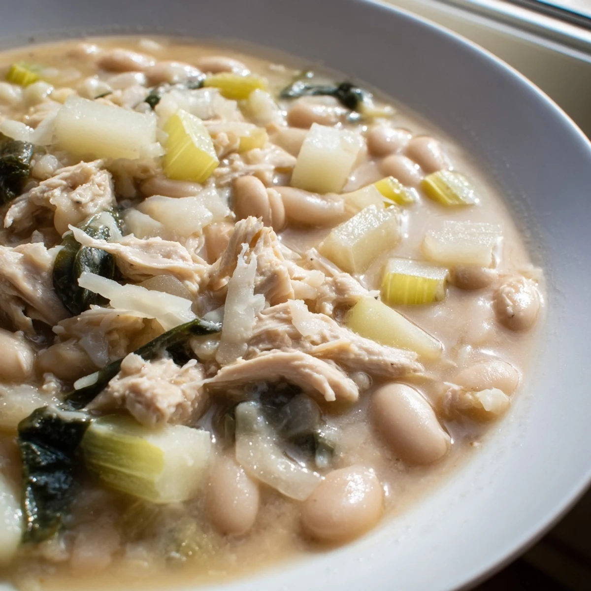 Steaming bowl of 35-Minute White Cheddar Apple Chicken Chili, topped with extra shredded cheese and fresh apple.