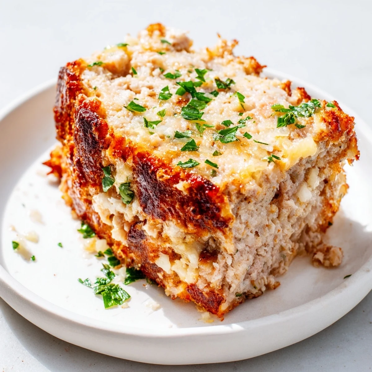 Steaming hot juicy Garlic Parmesan Chicken Meatloaf, glazed and ready to slice for a delicious dinner.