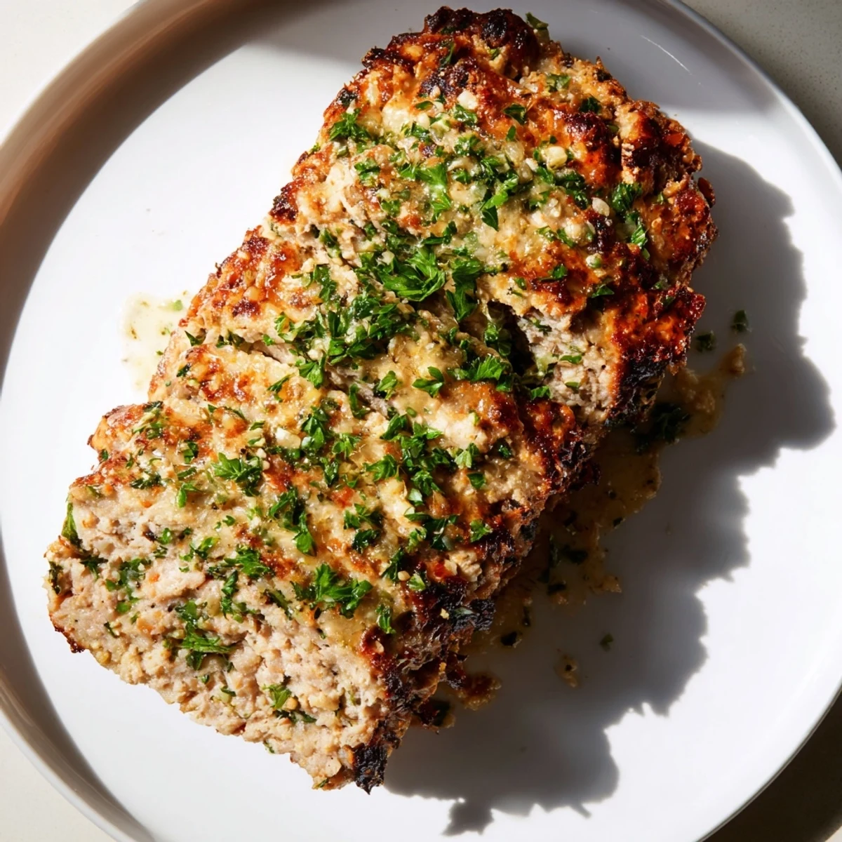 Sliced Garlic Parmesan Chicken Meatloaf, tender and flavorful, ready to be served with sides.