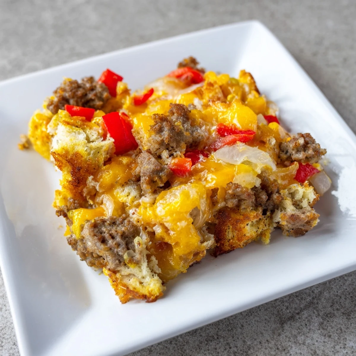 A close-up view of a hearty Lightning-Fast Breakfast Sausage Casserole, showcasing its savory ingredients.