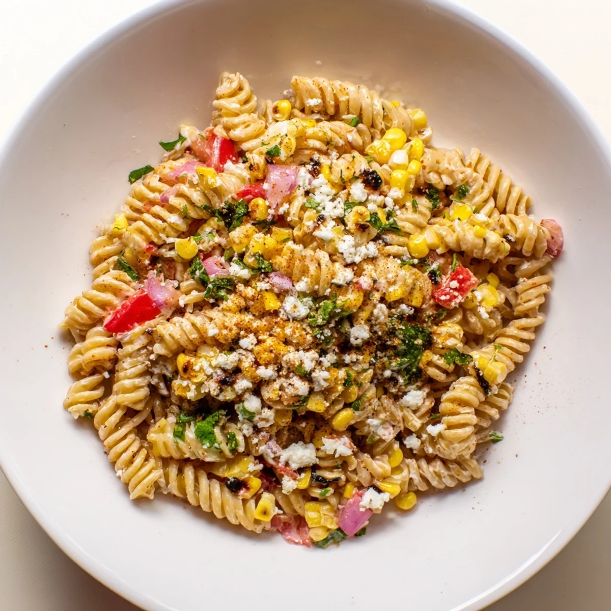 This Healthier Mexican Street Corn Pasta Salad showcases vibrant colors and a tangy lime dressing.