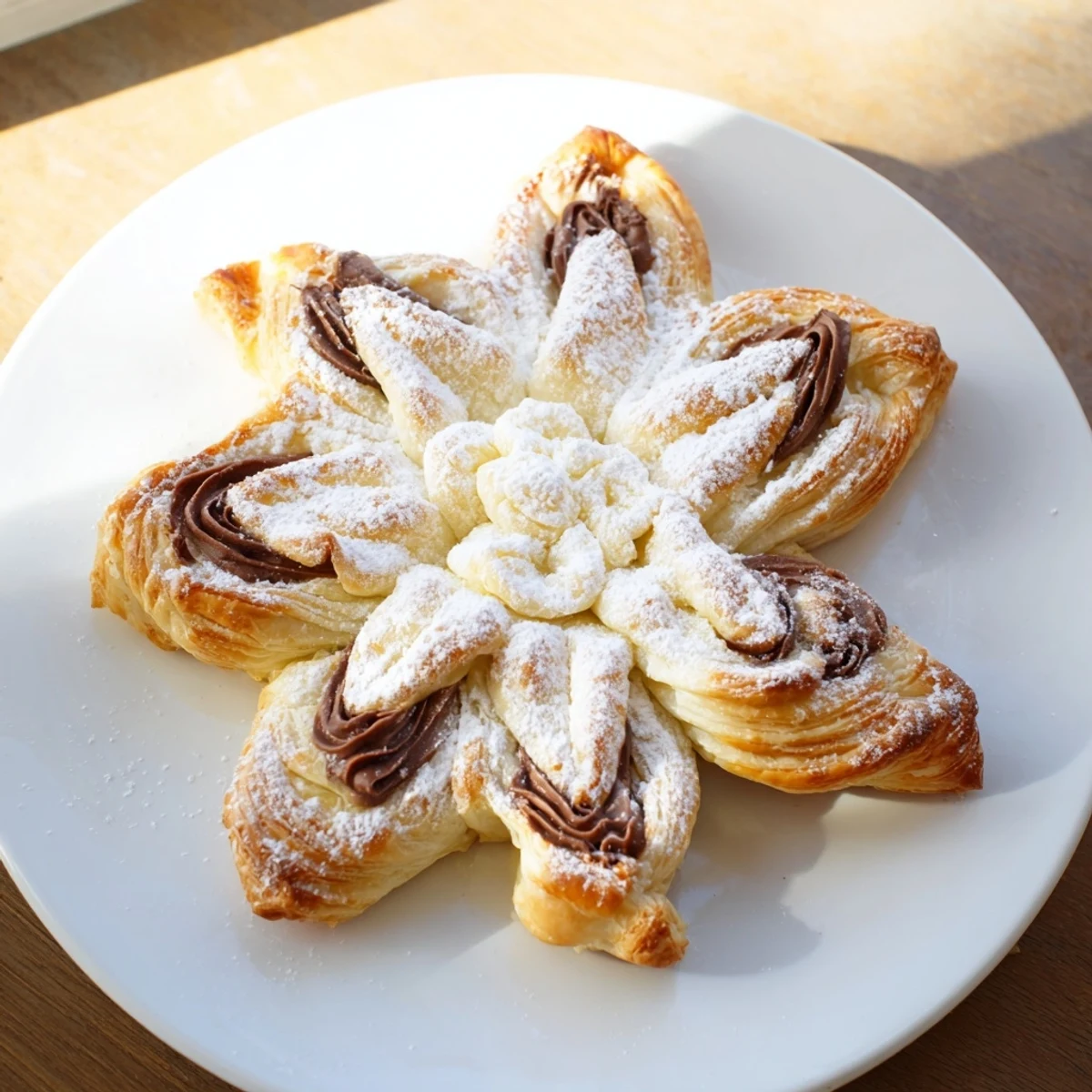Festive Express Nutella Puff Pastry Snowflakes: golden, twisted pastry with Nutella and a light dusting.