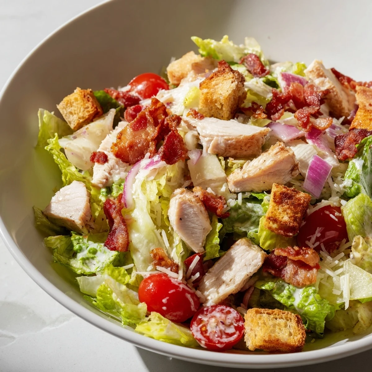A vibrant Costco Chicken Bake Salad Bowl with tender chicken, crisp lettuce, and a light Caesar dressing that looks delicious.