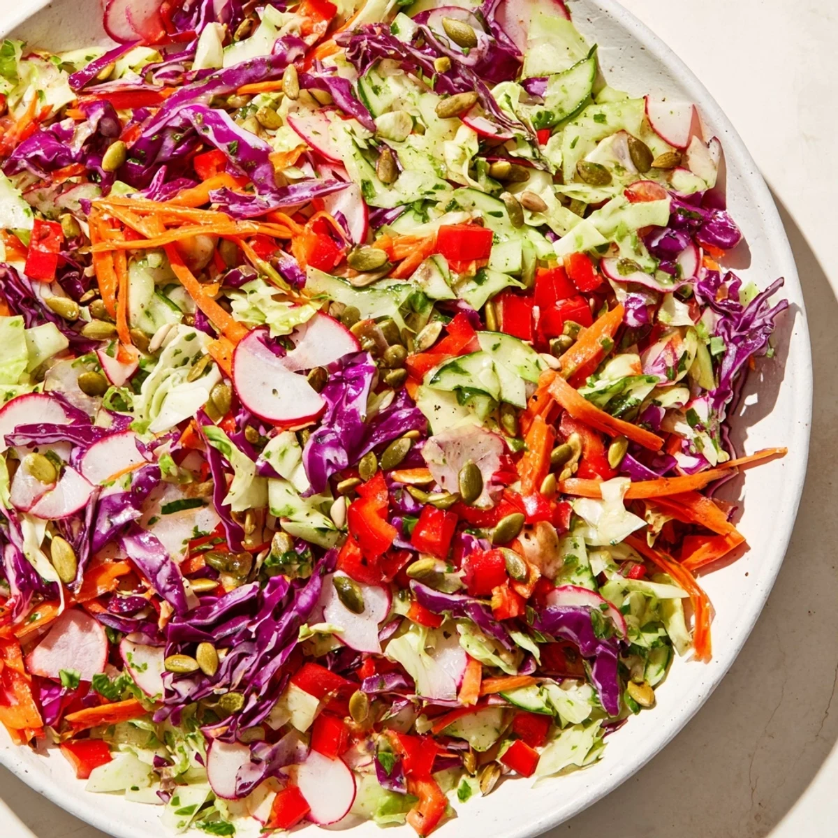 Fresh and vibrant Green Goddess Confetti Chop Slaw, brimming with colorful veggies and creamy dressing.
